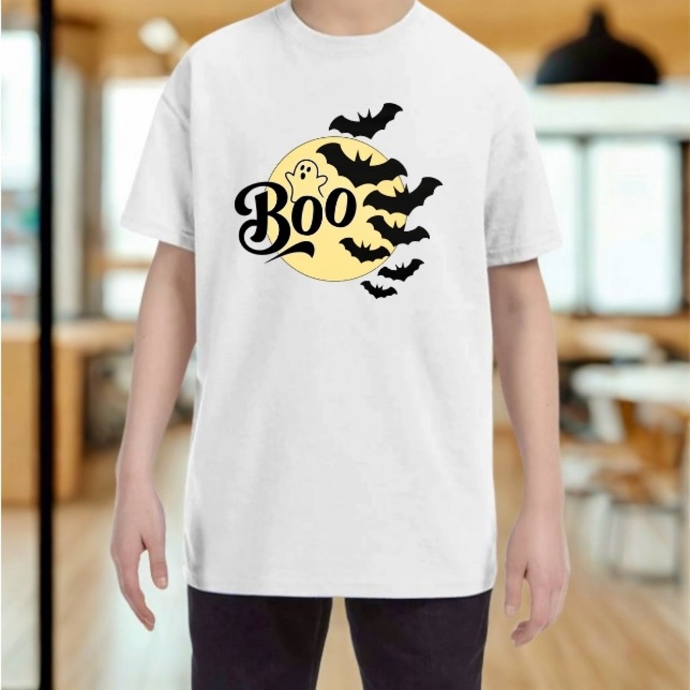 HANDCRAFTED White Halloween T-Shirt with Bats